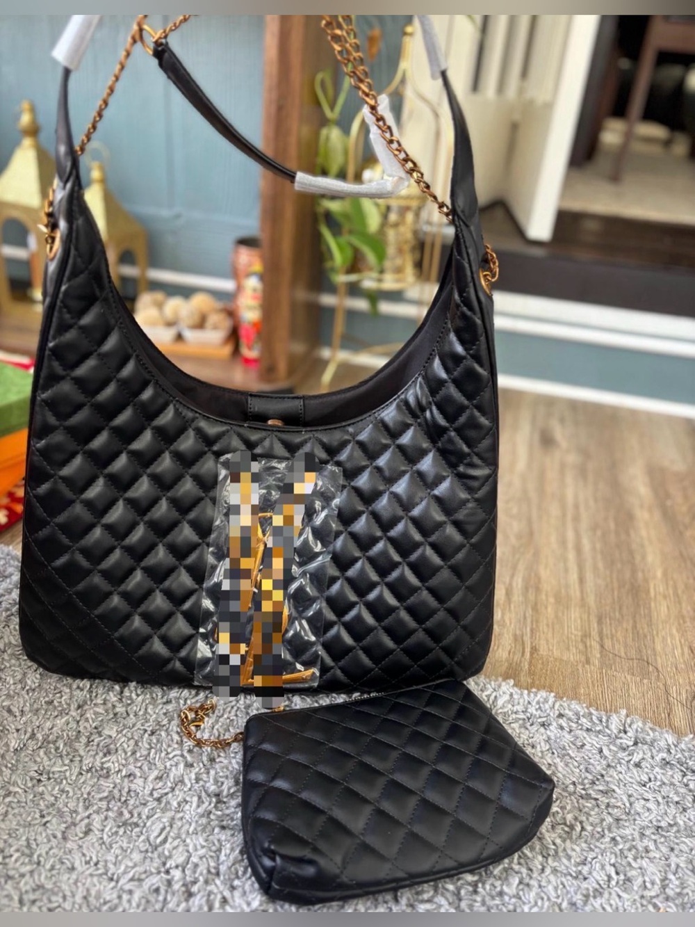 Black Quilted Shoulder Bag with Chain-Trim Strap and Matching Pouch